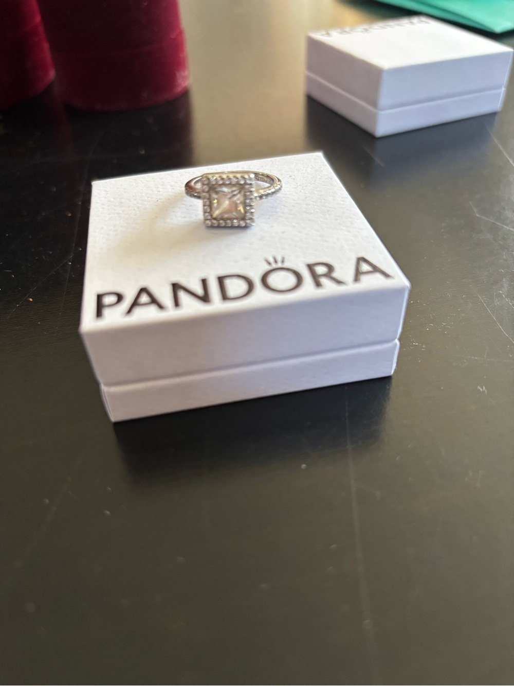 Pandora Silver Ring with Champagne Square Stone and Halo